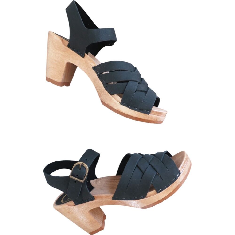 No. 6 Jane Huarache Platform Clog Leather Peep Toe Ankle Strap Midnight Black 6